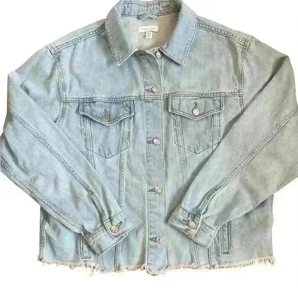 TOPSHOP light blue faded Unfinished bottom hem JEAN JACKET never worn 14 - Picture 3 of 10